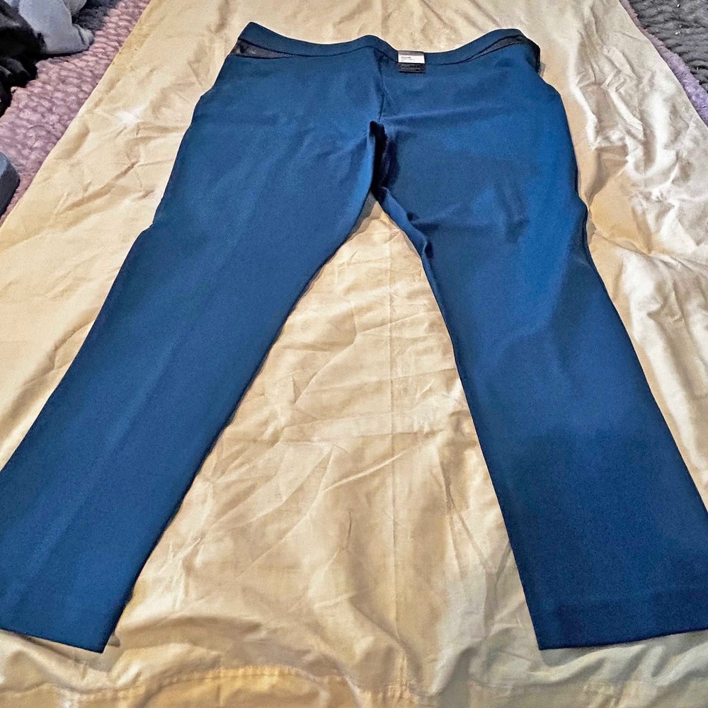 LEGGINGS, PLEATHER ACCENTS, SCARABE BLUE, SZ 26, VISCOSE NYLON, FAUX LEATHER ACC